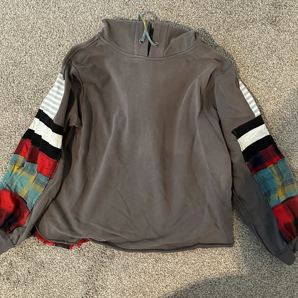 Gray Hoodie with Colorful Patchwork Sleeves